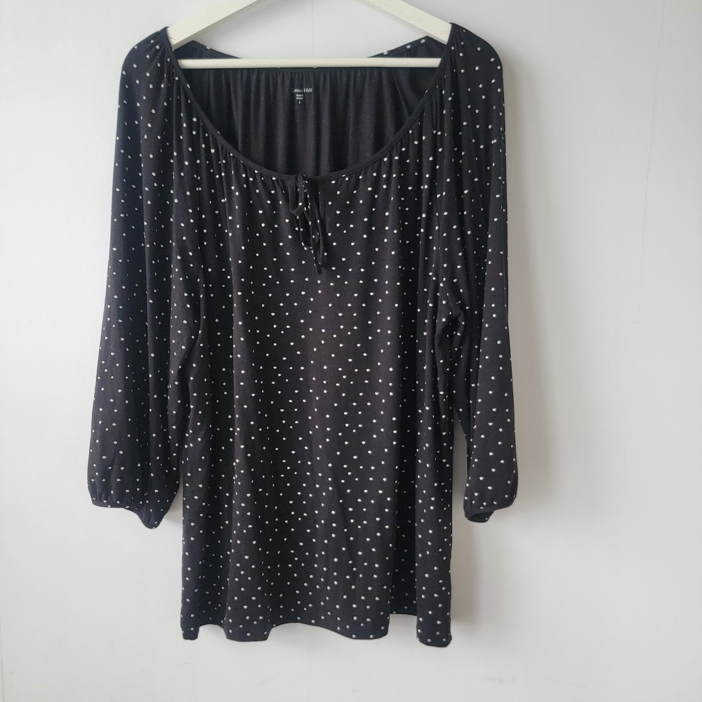 garnet hill women's Gathered Knit polka-dot tee size L 3/4 Sleeves Relaxed fit